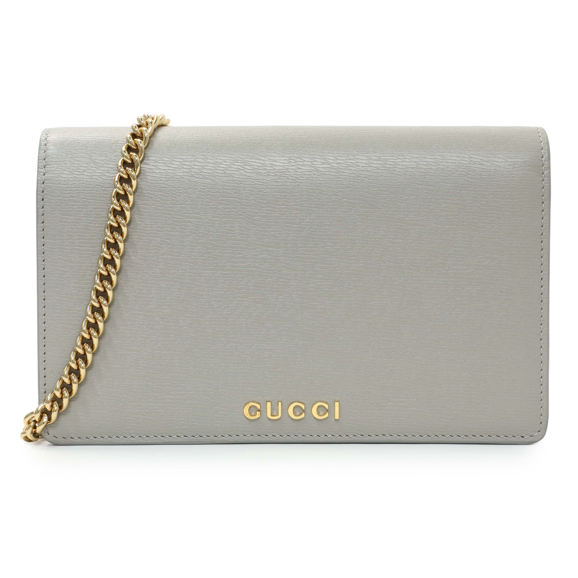 Exclusive Gucci Grey Textured Calfskin Script Logo Chain Wallet — Front View