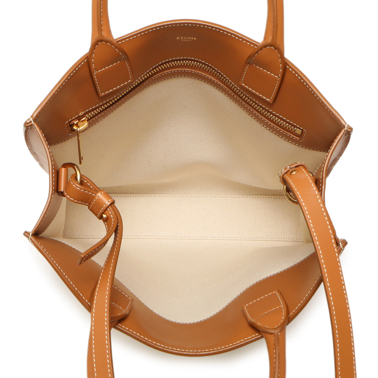 Exclusive Celine Natural Tan Canvas Calfskin Logo Print Small Vertical Cabas — Detail View