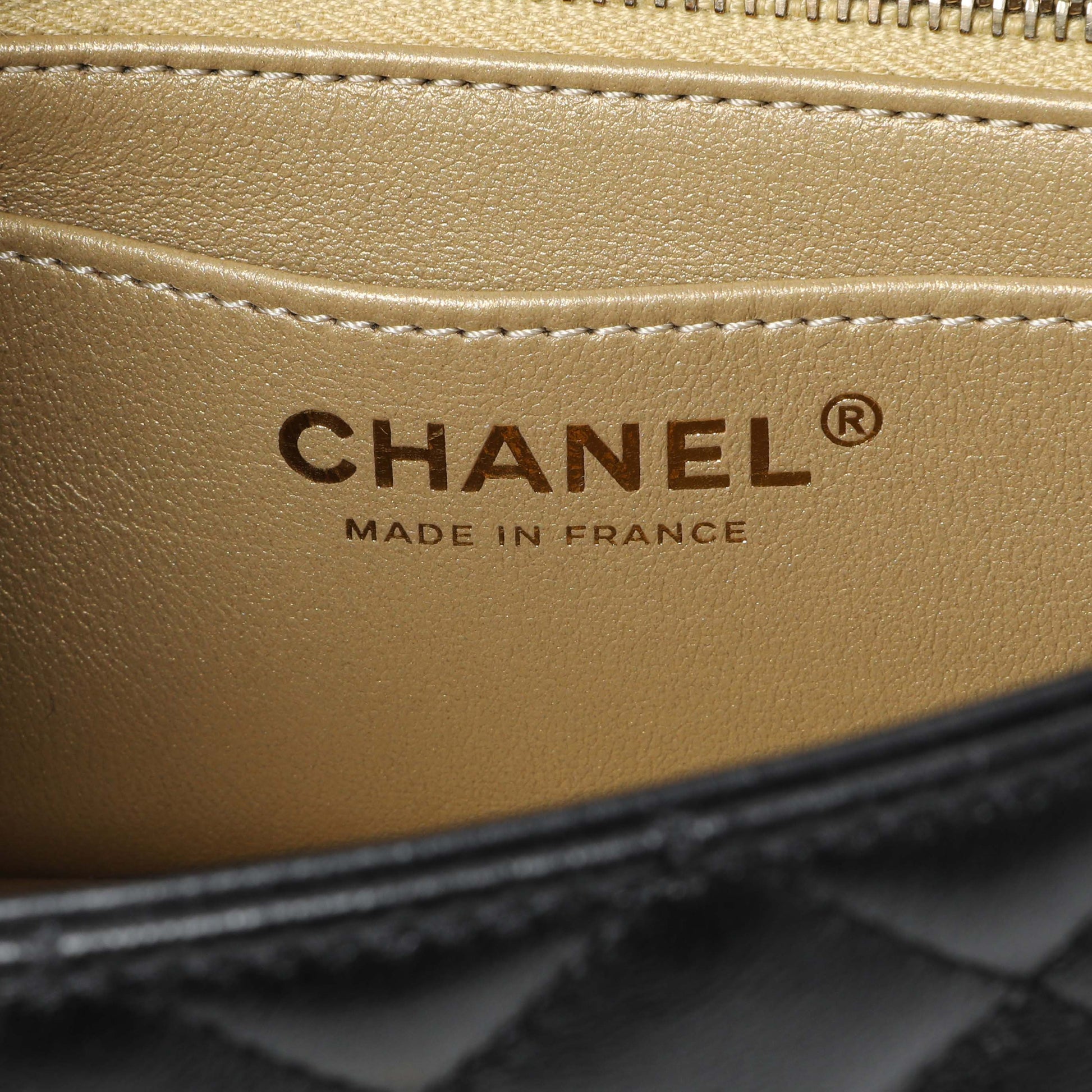 Exclusive Chanel Black Lambskin Quilted Mini Rectangular Pearl Crush Flap — Detail View