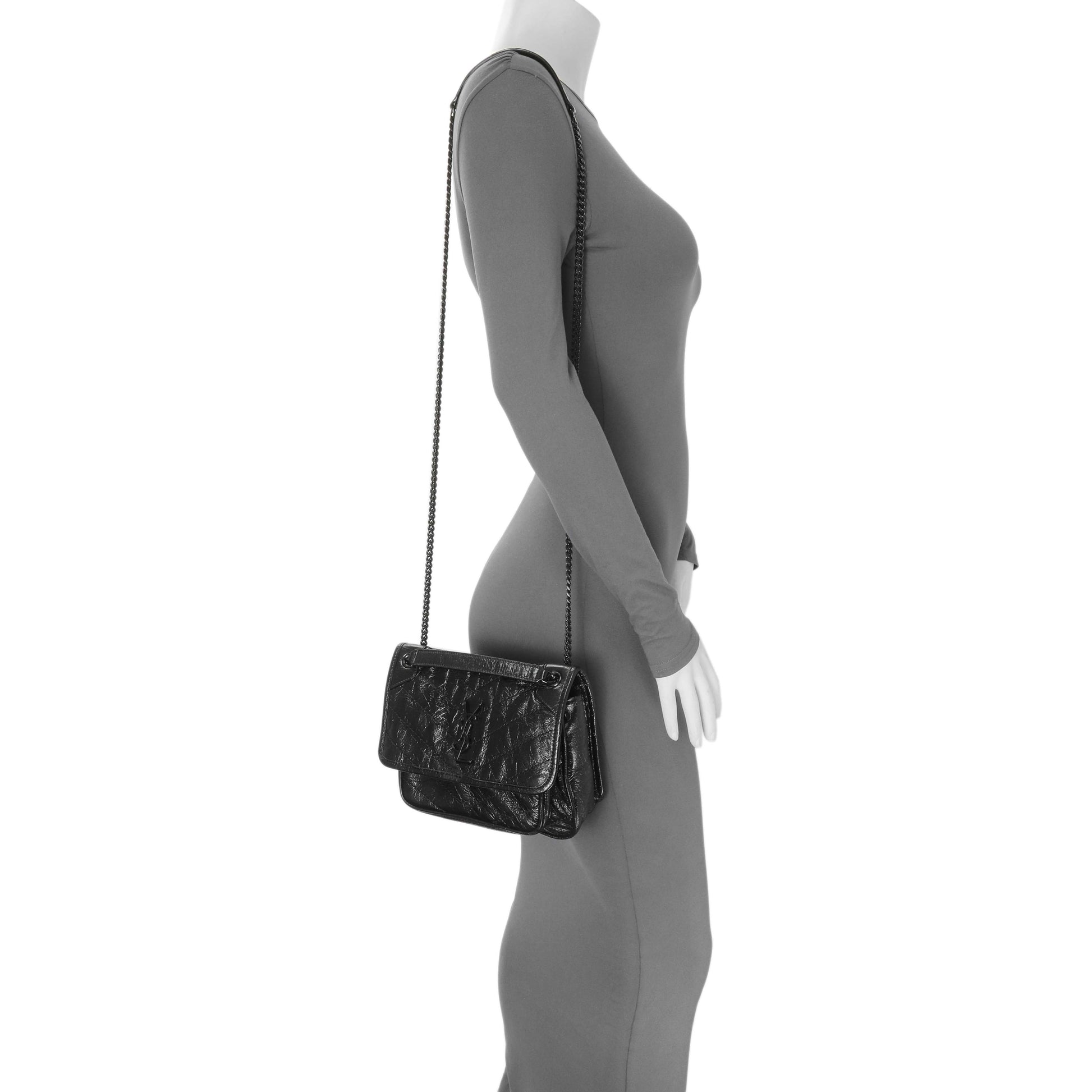 Exclusive Saint Laurent Black Crinkled Calfskin Matelasse Monogram Baby Niki Chain Satchel — Alternate View 11