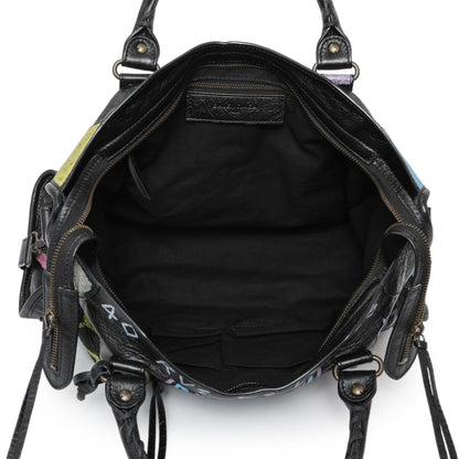 Exclusive Balenciaga Black Agneau Graffiti All Over Classic Hardware City — Top View
