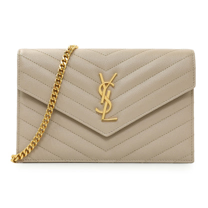 Exclusive Saint Laurent Dark Beige Grain De Poudre Matelasse Chevron Monogram Envelope Chain Wallet — Front View