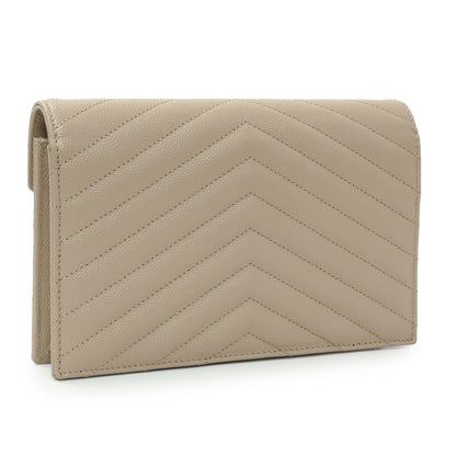 Exclusive Saint Laurent Dark Beige Grain De Poudre Matelasse Chevron Monogram Envelope Chain Wallet — Side View