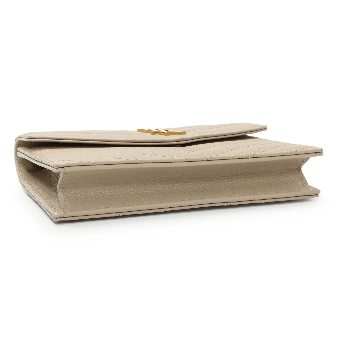 Exclusive Saint Laurent Dark Beige Grain De Poudre Matelasse Chevron Monogram Envelope Chain Wallet — Back View