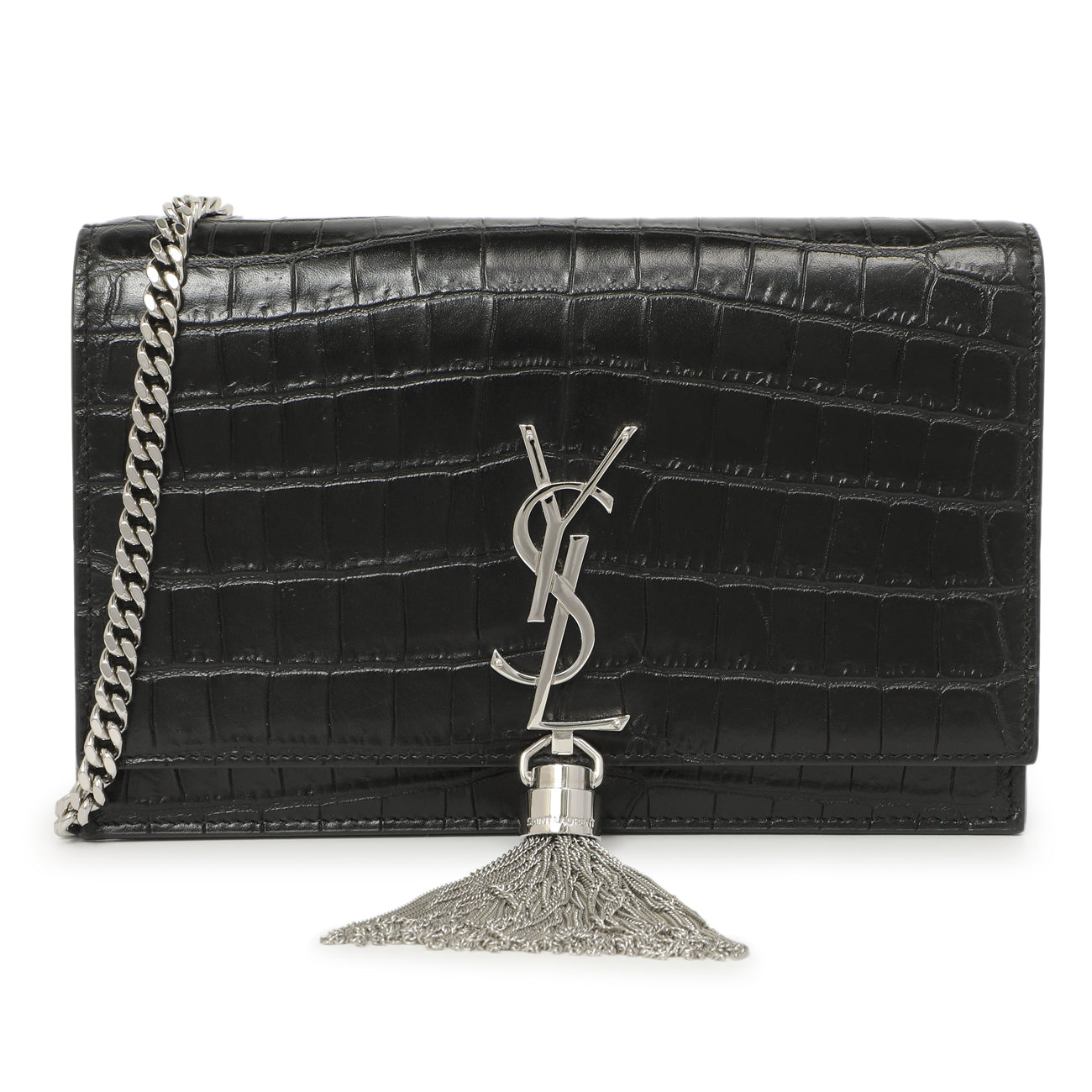 Exclusive Saint Laurent Black Crocodile Embossed Calfskin Kate Monogram Tassel Chain Wallet — Front View