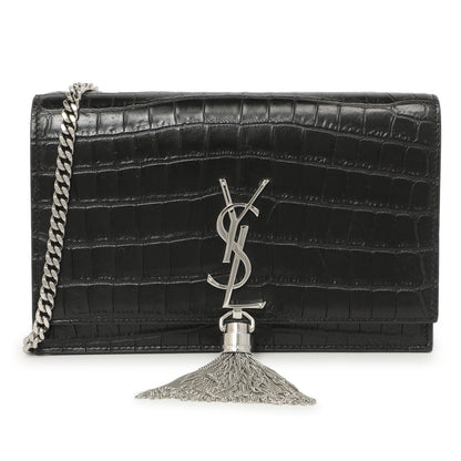 Exclusive Saint Laurent Black Crocodile Embossed Calfskin Kate Monogram Tassel Chain Wallet — Front View