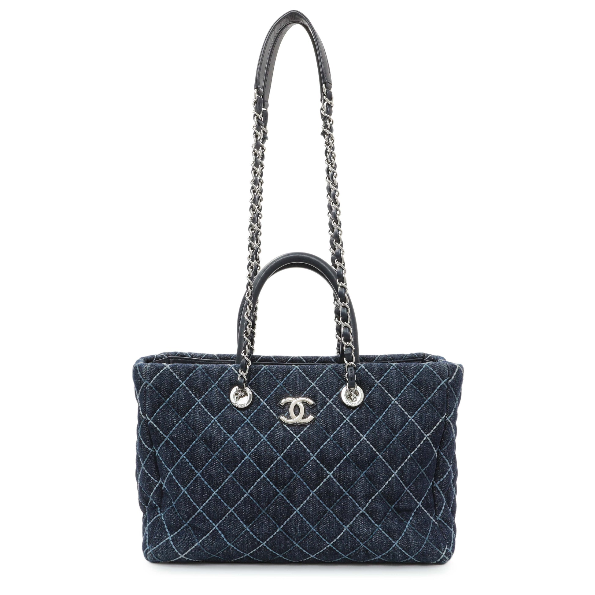 Exclusive Chanel Blue Quilted Denim Coco Handle Shopping Tote — Front View