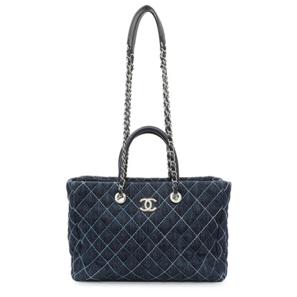 Exclusive Chanel Blue Quilted Denim Coco Handle Shopping Tote — Front View