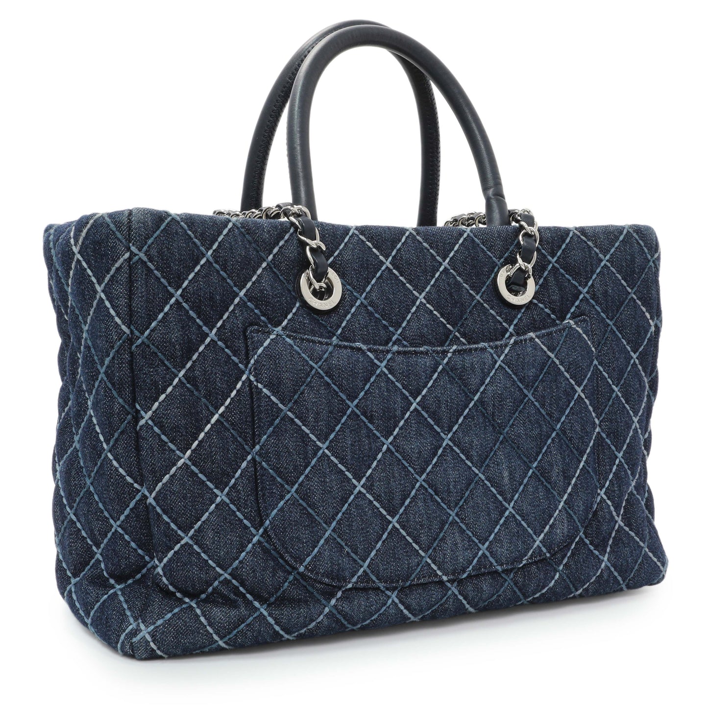 Exclusive Chanel Blue Quilted Denim Coco Handle Shopping Tote — Side View