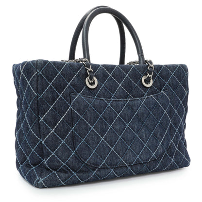 Exclusive Chanel Blue Quilted Denim Coco Handle Shopping Tote — Side View