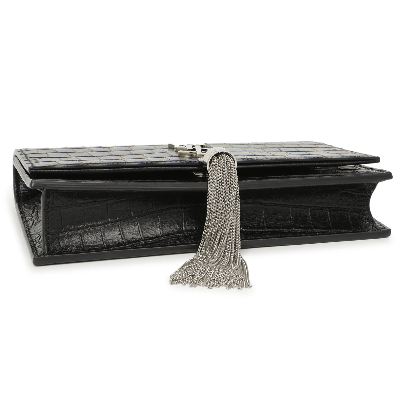 Exclusive Saint Laurent Black Crocodile Embossed Calfskin Kate Monogram Tassel Chain Wallet — Back View