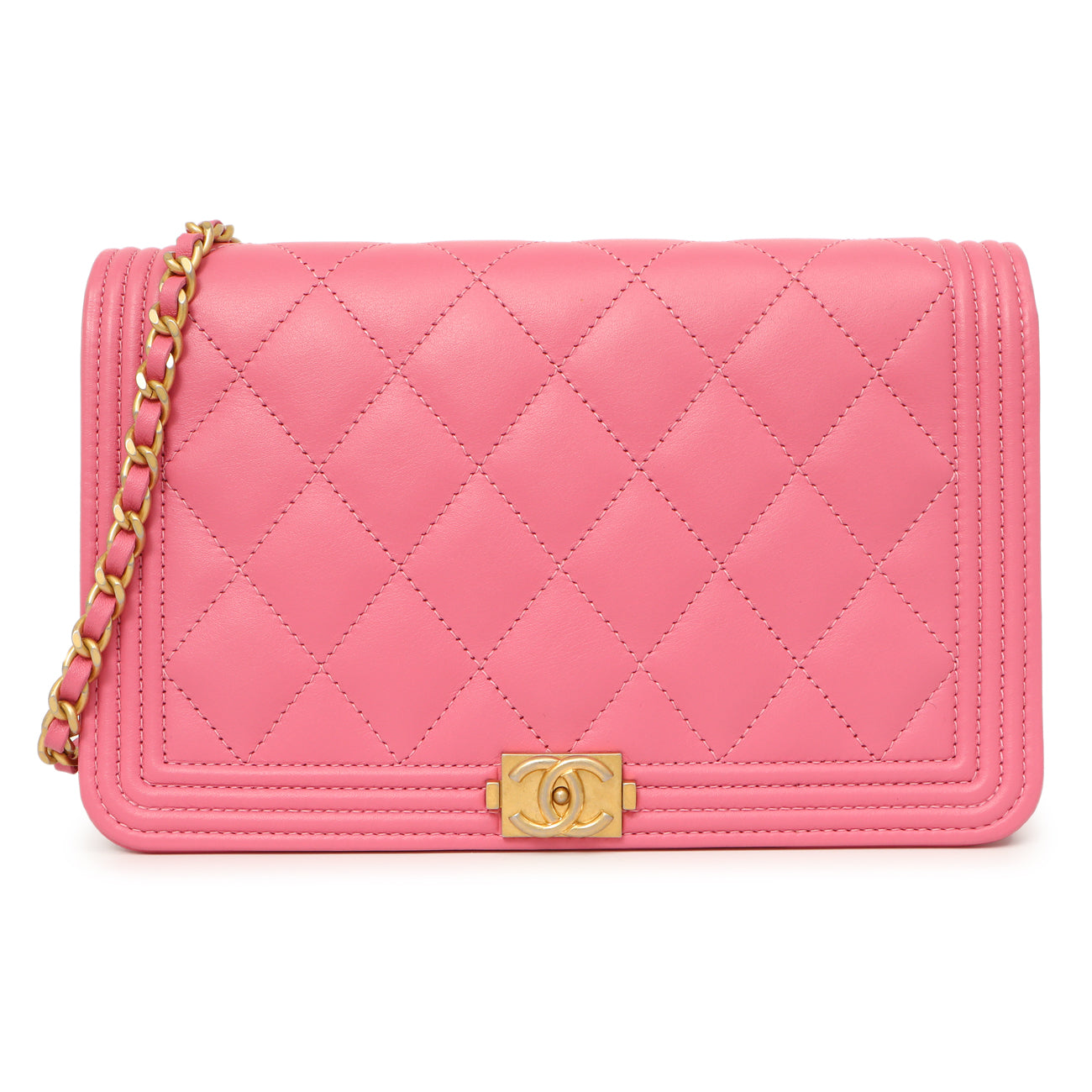 Exclusive Chanel Pink Quilted Calfskin Boy Wallet on Chain — Front View