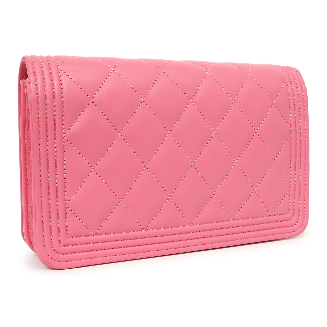 Exclusive Chanel Pink Quilted Calfskin Boy Wallet on Chain — Side View