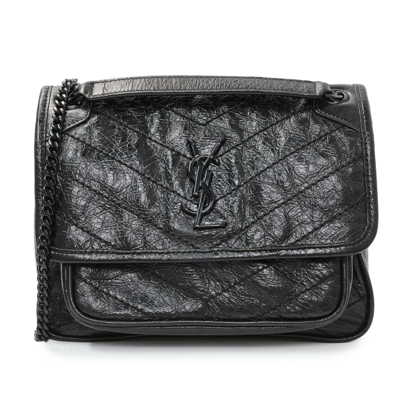 Exclusive Saint Laurent Black Crinkled Calfskin Matelasse Monogram Baby Niki Chain Satchel — Front View