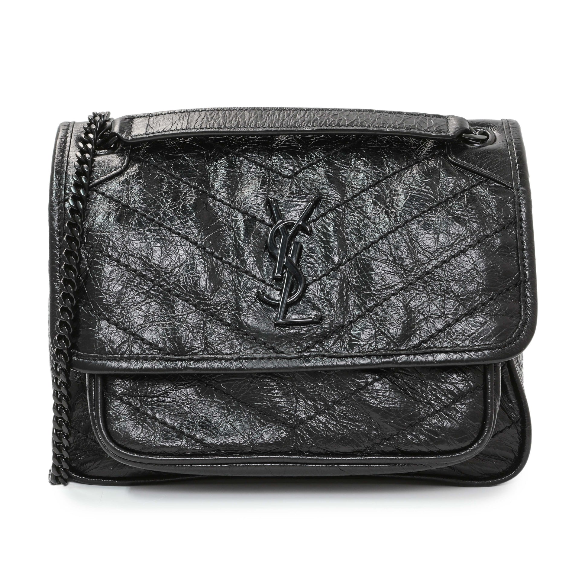Exclusive Saint Laurent Black Crinkled Calfskin Matelasse Monogram Baby Niki Chain Satchel — Front View