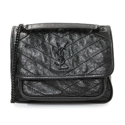 Exclusive Saint Laurent Black Crinkled Calfskin Matelasse Monogram Baby Niki Chain Satchel — Front View