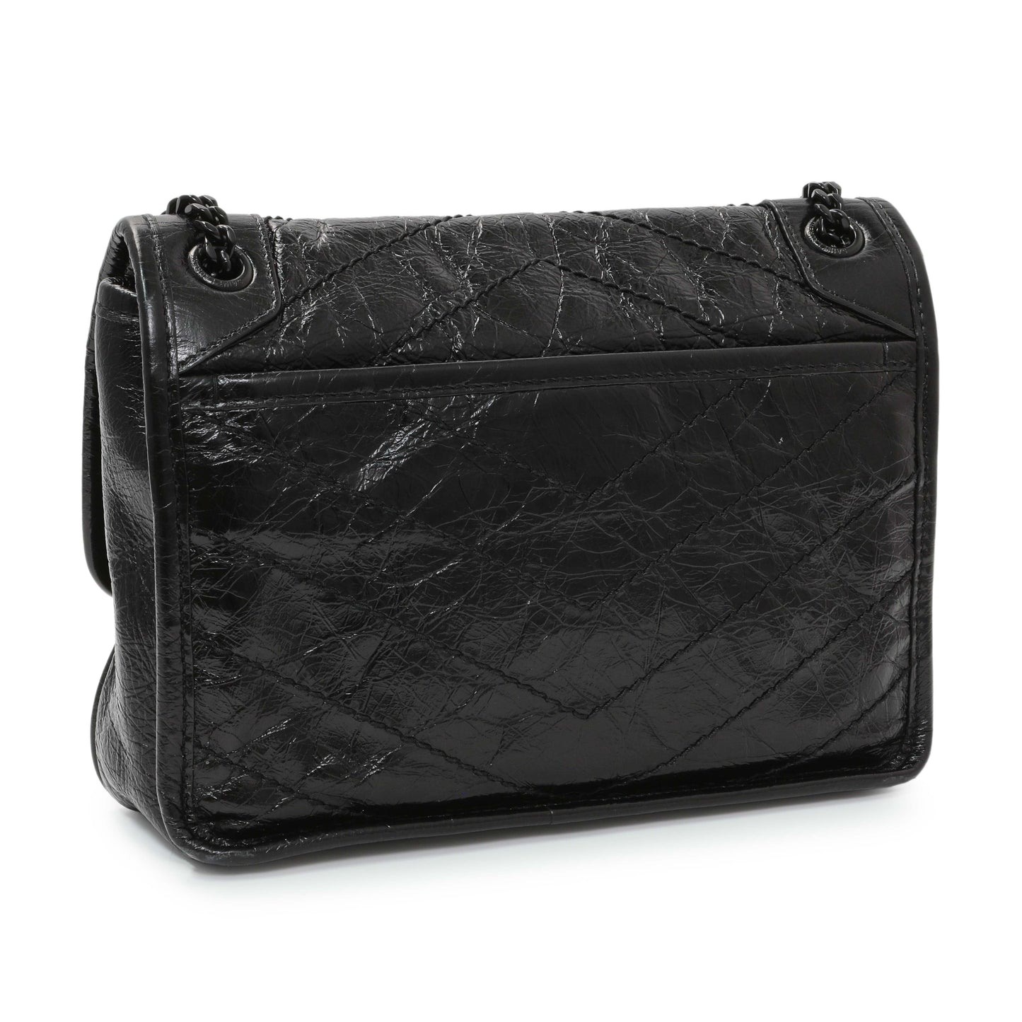 Exclusive Saint Laurent Black Crinkled Calfskin Matelasse Monogram Baby Niki Chain Satchel — Side View