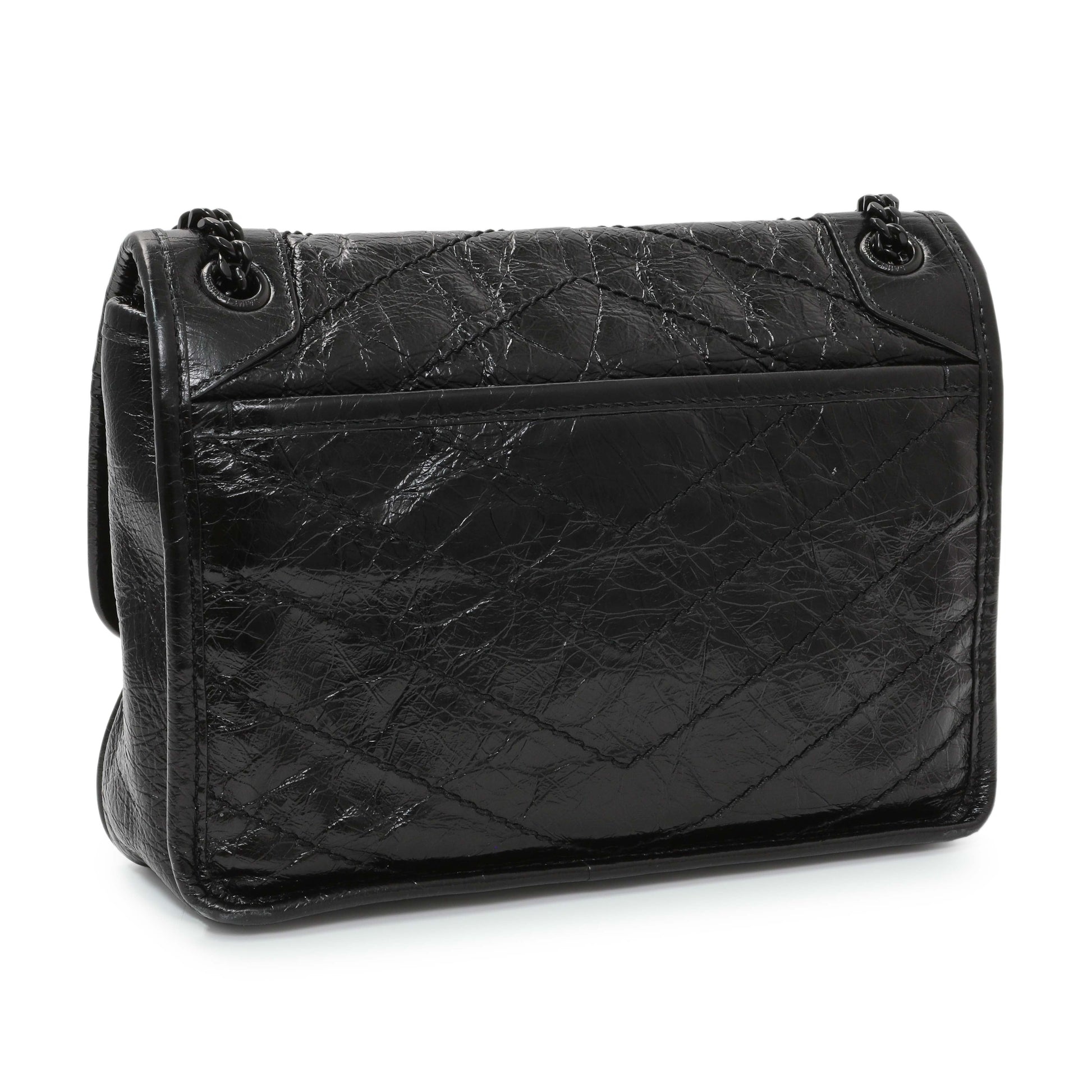 Exclusive Saint Laurent Black Crinkled Calfskin Matelasse Monogram Baby Niki Chain Satchel — Side View