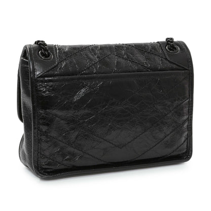 Exclusive Saint Laurent Black Crinkled Calfskin Matelasse Monogram Baby Niki Chain Satchel — Side View
