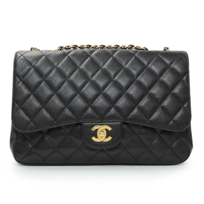 Exclusive Chanel Black Caviar Jumbo Single Flap — Front View