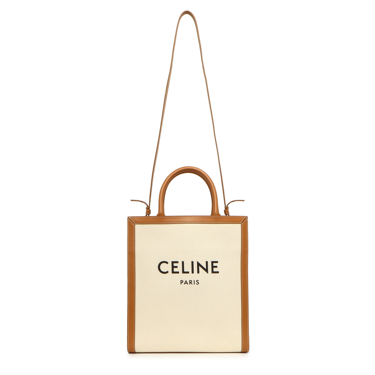 Exclusive Celine Natural Tan Canvas Calfskin Logo Print Small Vertical Cabas — Front View
