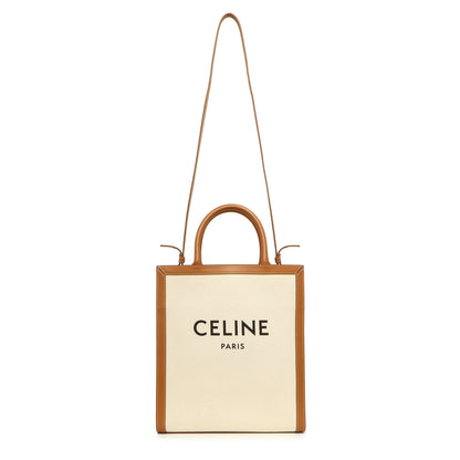 Exclusive Celine Natural Tan Canvas Calfskin Logo Print Small Vertical Cabas — Front View