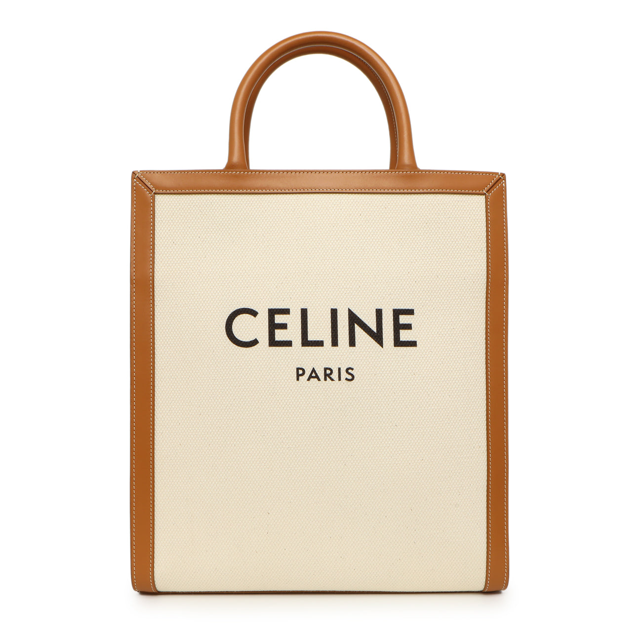 Exclusive Celine Natural Tan Canvas Calfskin Logo Print Small Vertical Cabas — Side View