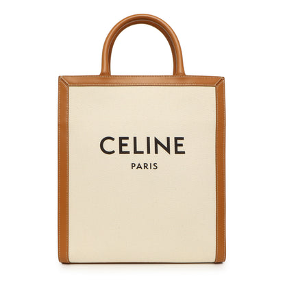 Exclusive Celine Natural Tan Canvas Calfskin Logo Print Small Vertical Cabas — Side View