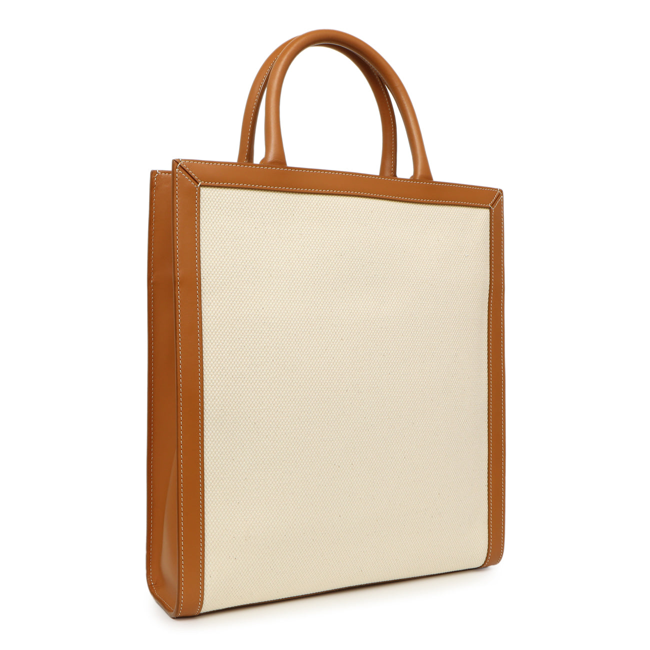 Exclusive Celine Natural Tan Canvas Calfskin Logo Print Small Vertical Cabas — Back View
