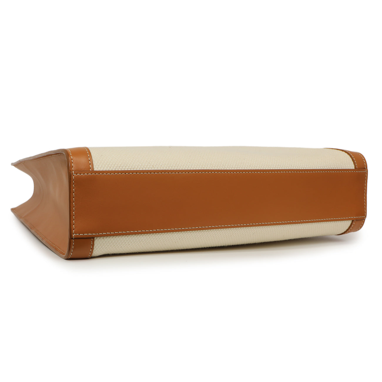 Exclusive Celine Natural Tan Canvas Calfskin Logo Print Small Vertical Cabas — Top View