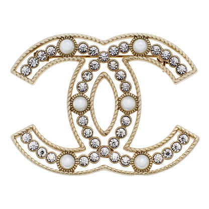 Exclusive Chanel Gold Pearl Crystal Sparkling Pearls CC Brooch — Front View