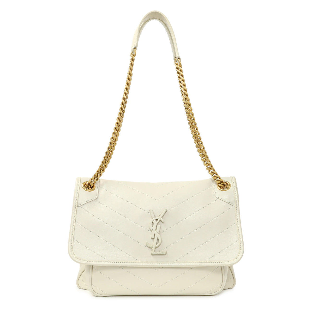 Exclusive Saint Laurent White Lambskin Matelasse Monogram Medium Niki Chain Satchel — Front View