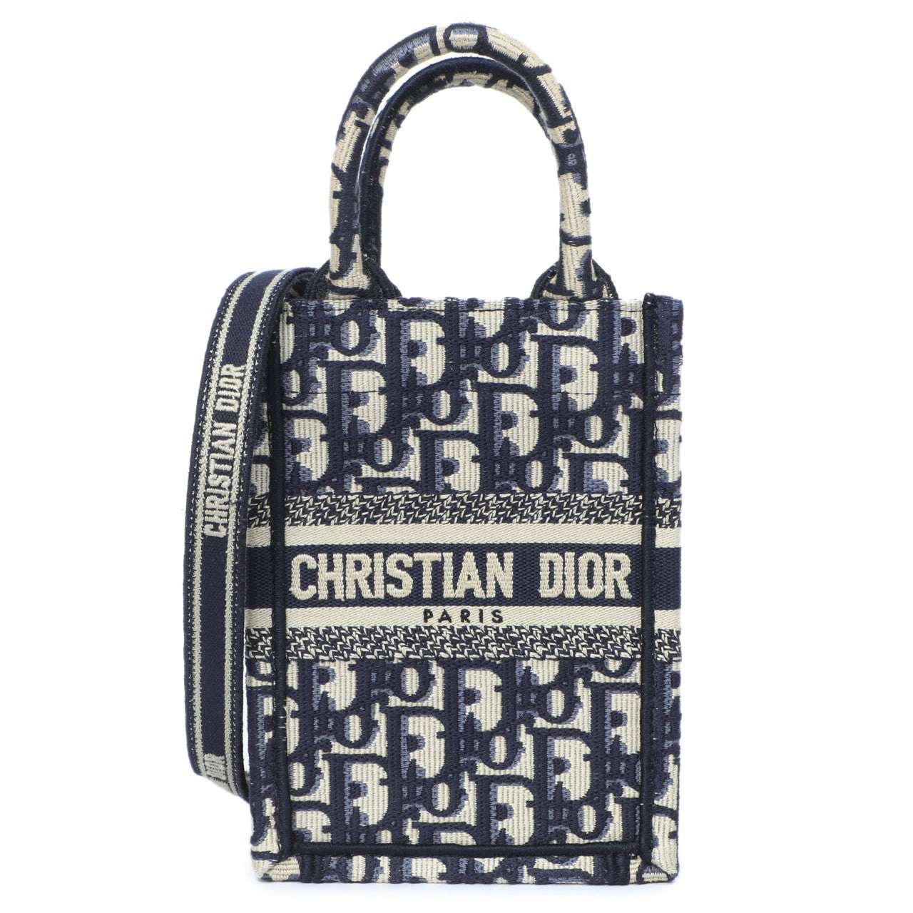 Exclusive Christian Dior Blue Oblique Mini Book Tote Phone Bag — Front View