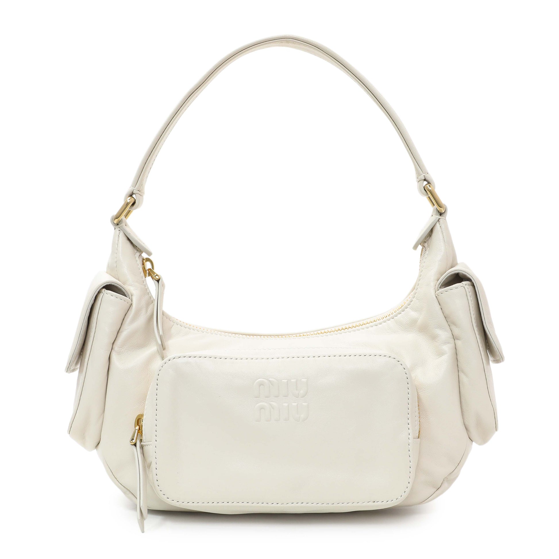 Exclusive Miu Miu White Nappa Leather Multi Pocket Hobo Bag — Front View