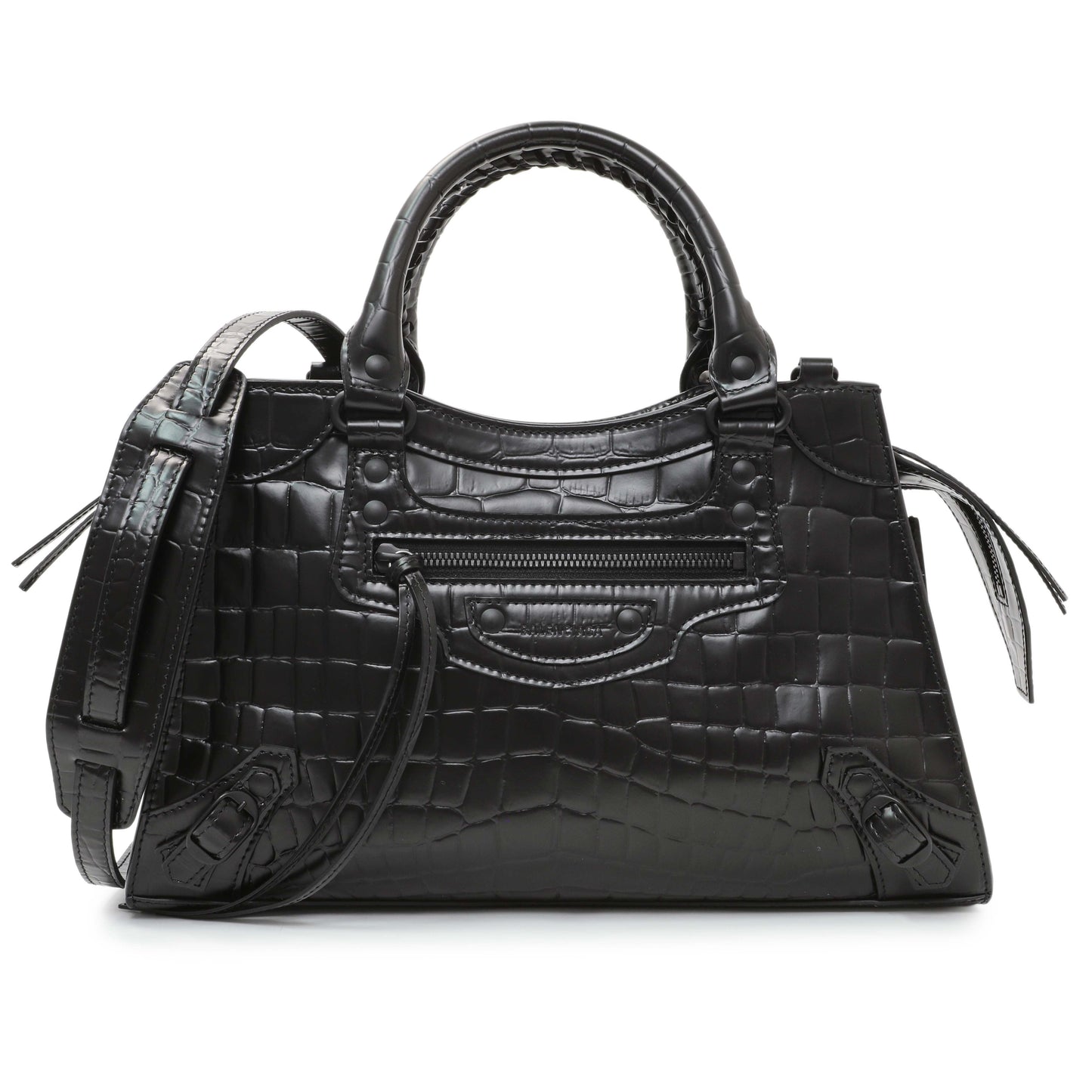 Exclusive Balenciaga Black Crocodile Embossed Neo Classic Hardware S City — Front View