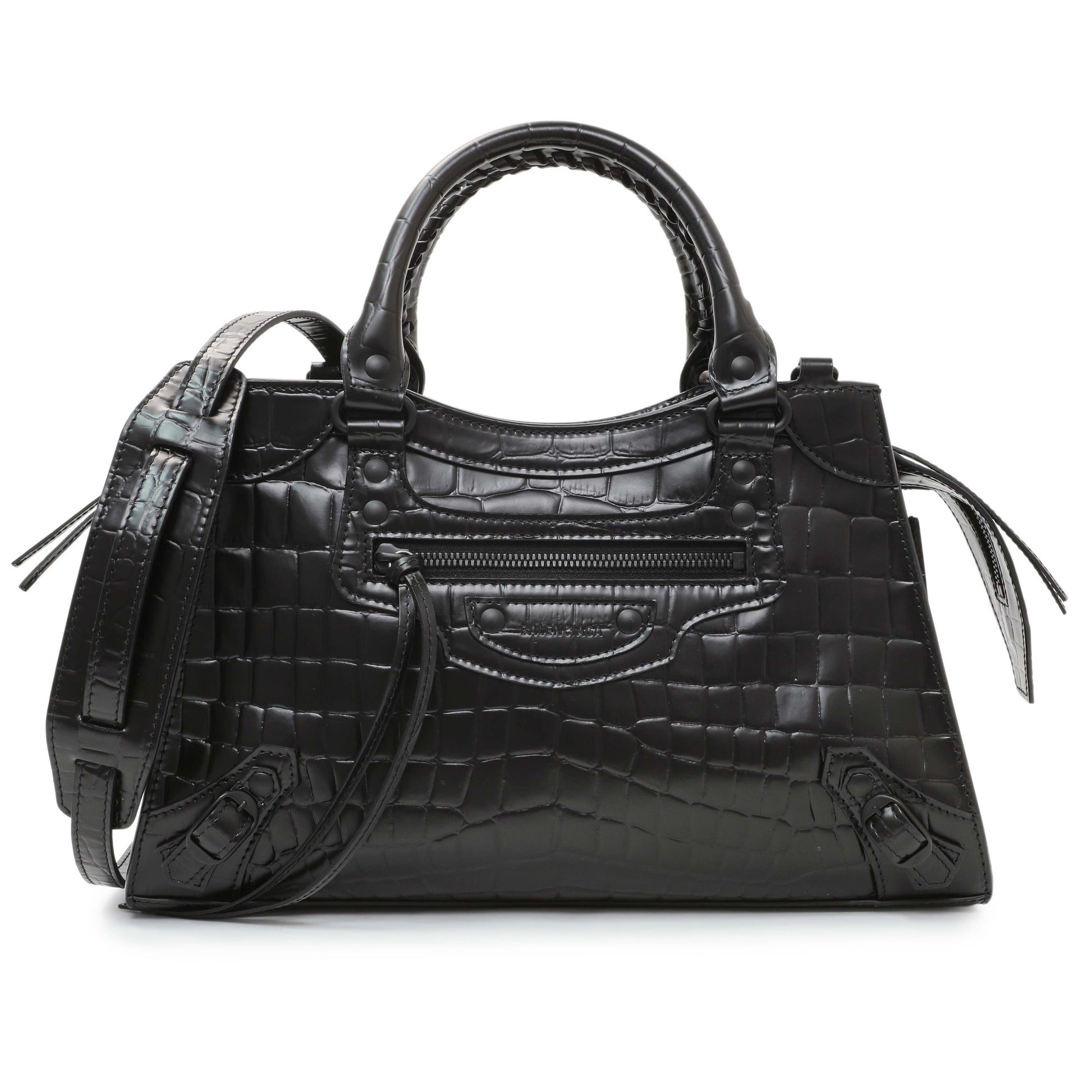 Exclusive Balenciaga Black Crocodile Embossed Neo Classic Hardware S City — Front View