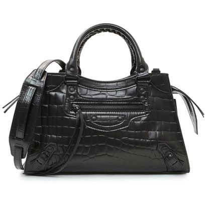 Exclusive Balenciaga Black Crocodile Embossed Neo Classic Hardware S City — Front View