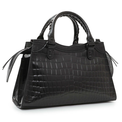 Exclusive Balenciaga Black Crocodile Embossed Neo Classic Hardware S City — Side View
