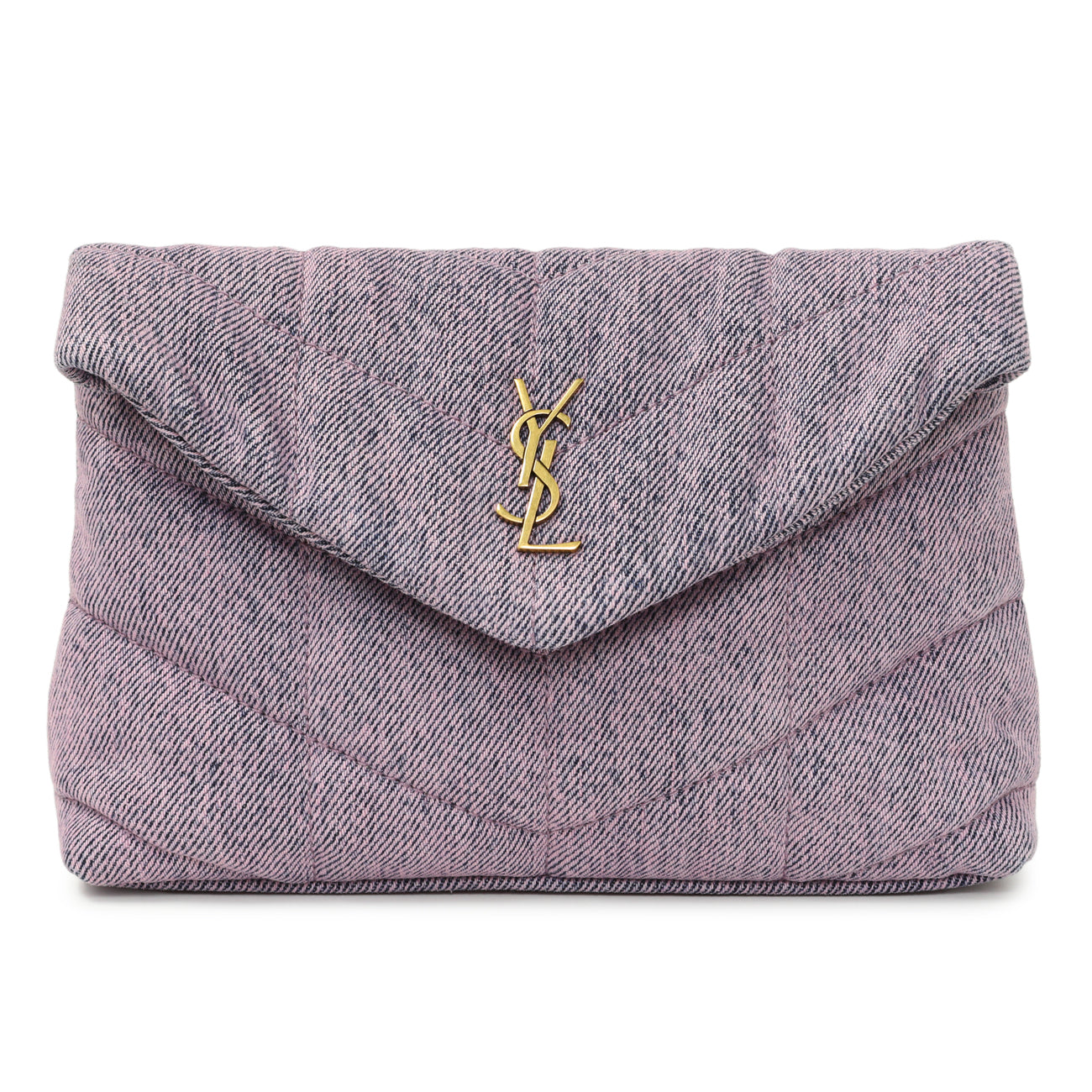 Exclusive Saint Laurent Bleached Lilac Quilted Denim Loulou Puffer Monogram Clutch — Front View