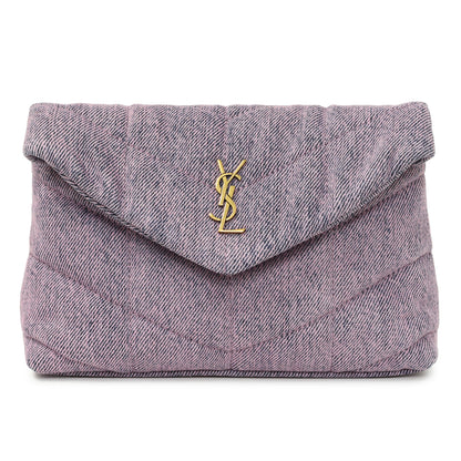 Exclusive Saint Laurent Bleached Lilac Quilted Denim Loulou Puffer Monogram Clutch — Front View