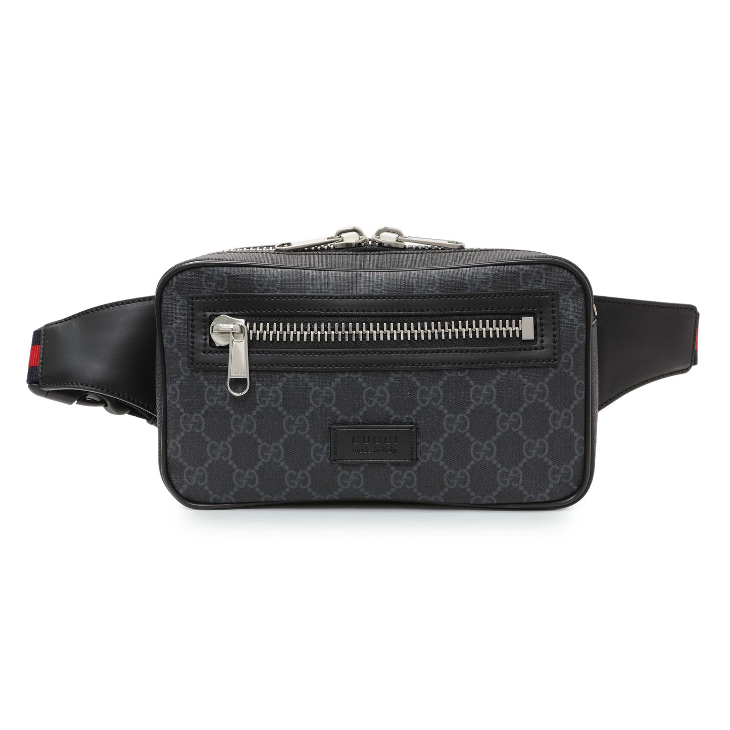 Exclusive Gucci Black Soft GG Supreme Monogram Web Belt Bag — Front View