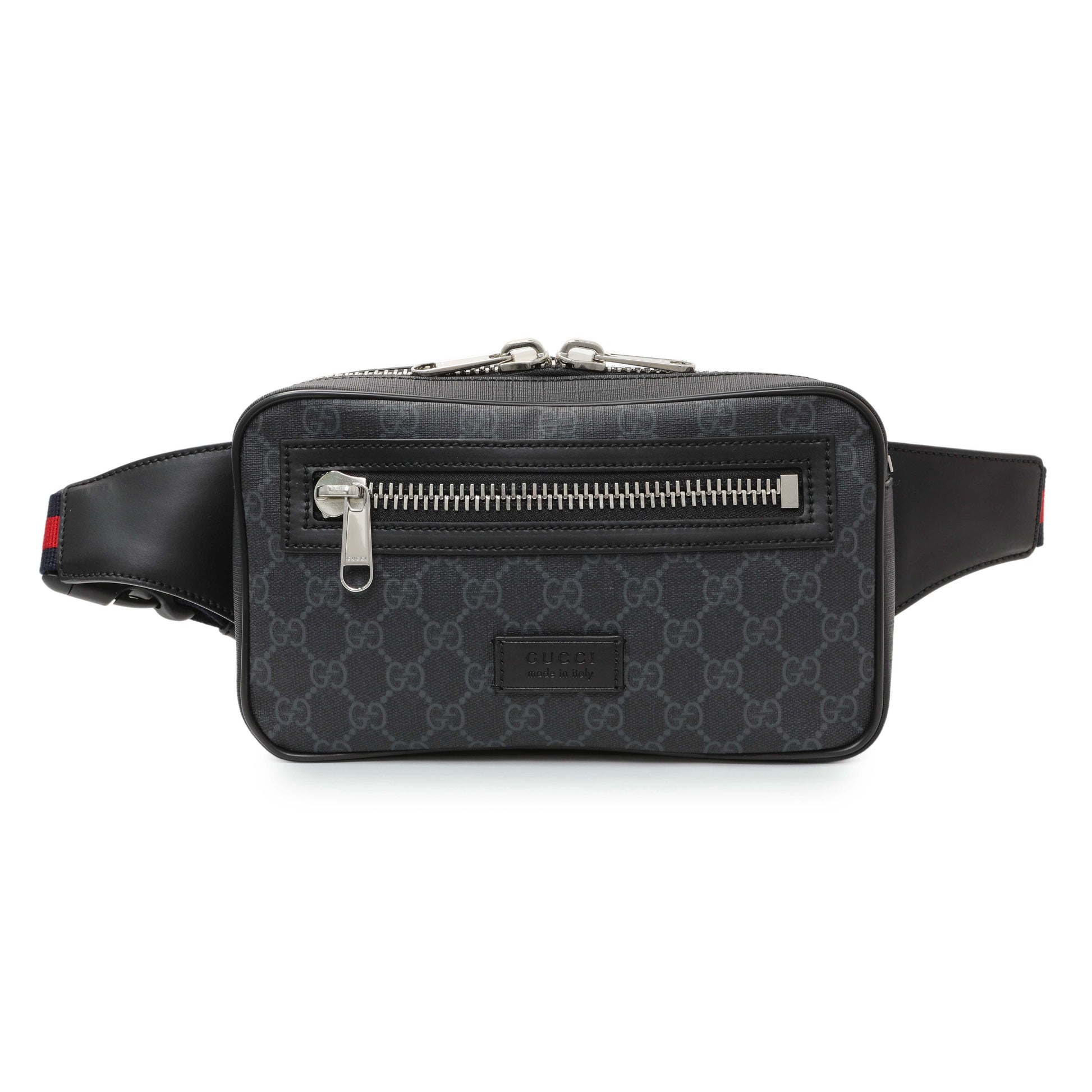 Exclusive Gucci Black Soft GG Supreme Monogram Web Belt Bag — Front View