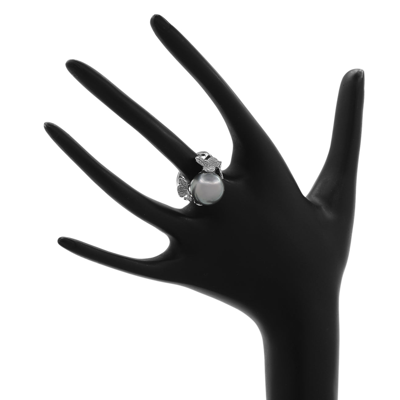 Exclusive 18K White Gold 14.1mm Tahitian Black Pearl Diamond Diamond Blossom Ring — 3.25 — Top View