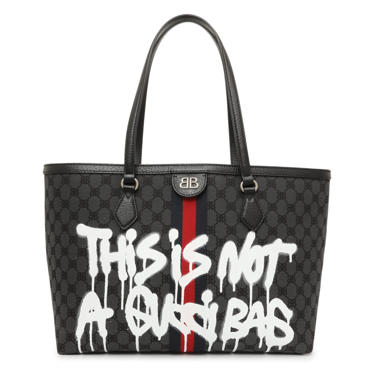 Exclusive Gucci X Balenciaga BB Monogram Web Graffiti Medium Ophidia Shopping Tote — Front View