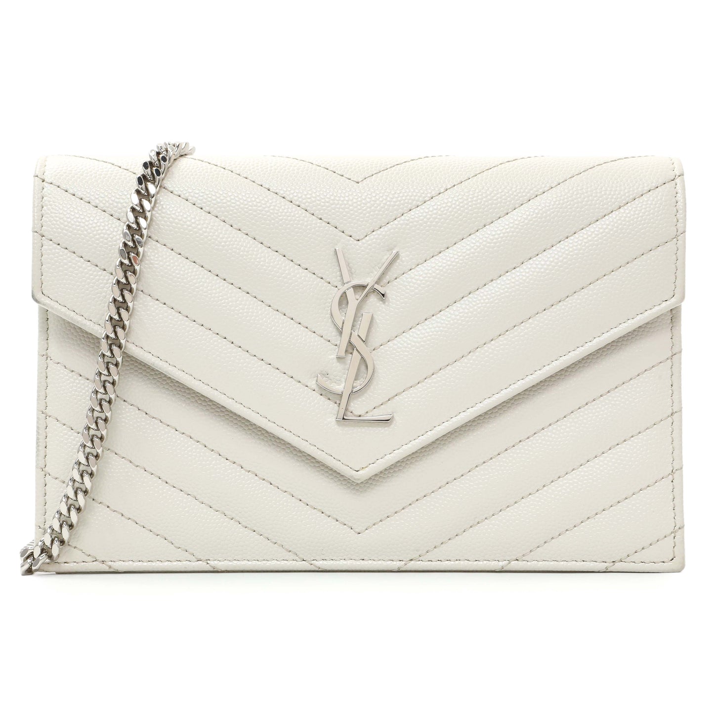 Exclusive Saint Laurent White Grain De Poudre Matelasse Chevron Monogram Envelope Chain Wallet — Front View