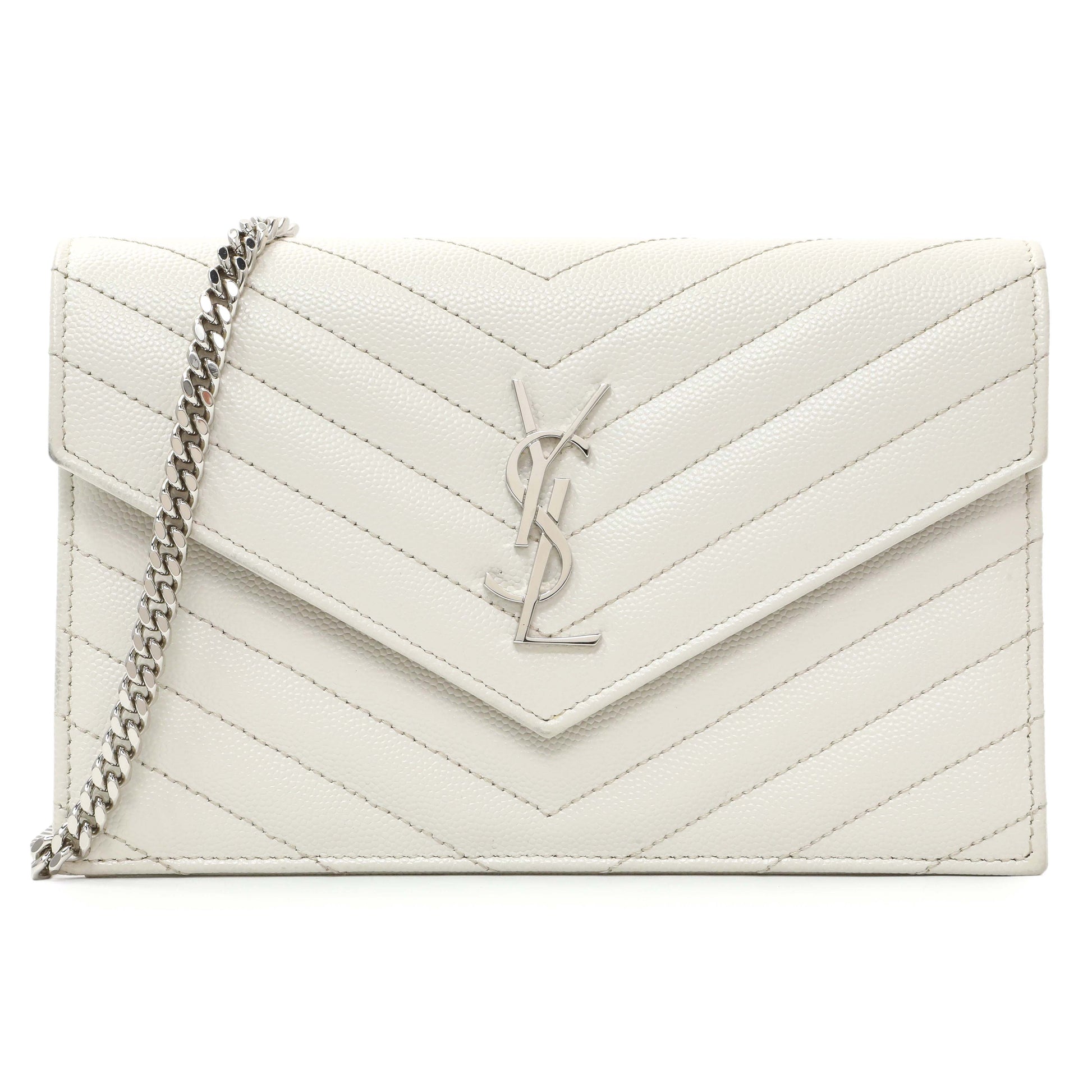 Exclusive Saint Laurent White Grain De Poudre Matelasse Chevron Monogram Envelope Chain Wallet — Front View