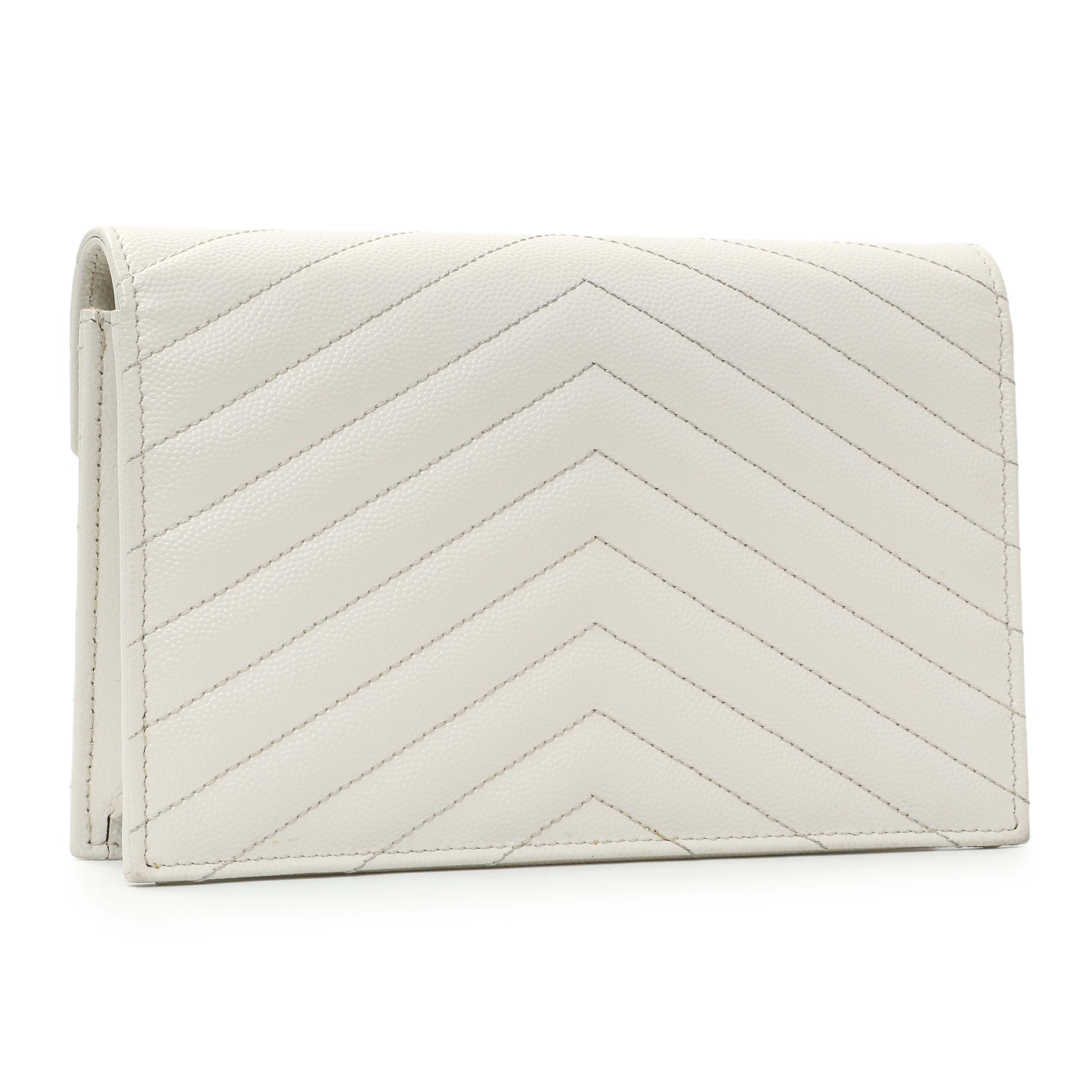 Exclusive Saint Laurent White Grain De Poudre Matelasse Chevron Monogram Envelope Chain Wallet — Side View