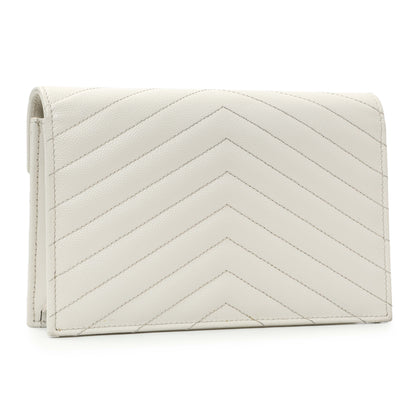 Exclusive Saint Laurent White Grain De Poudre Matelasse Chevron Monogram Envelope Chain Wallet — Side View