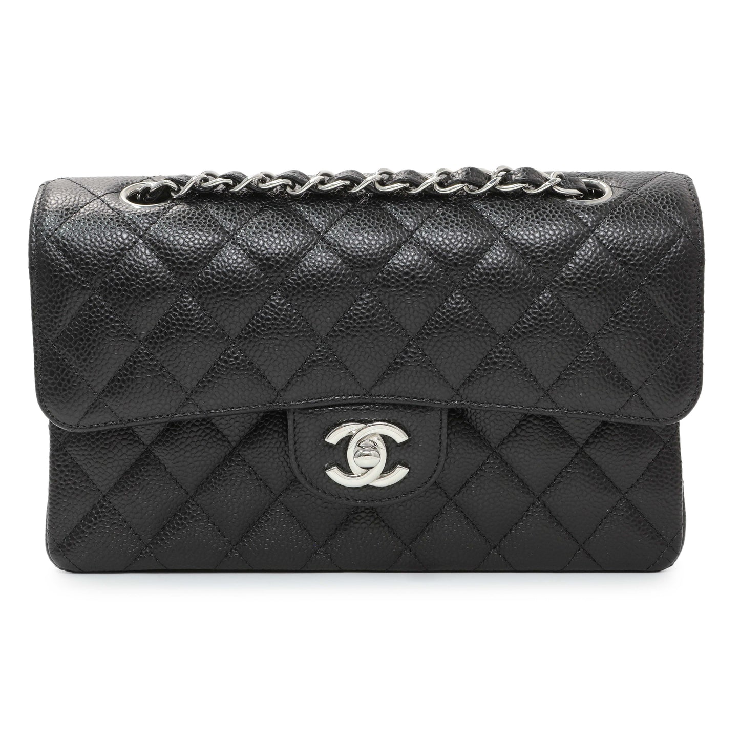 Exclusive Chanel Black Quilted Caviar Small Classic Double Flap — Front View