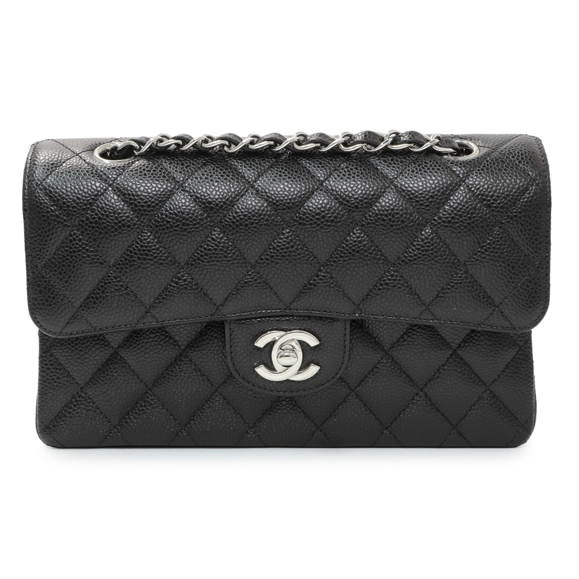 Exclusive Chanel Black Quilted Caviar Small Classic Double Flap — Front View